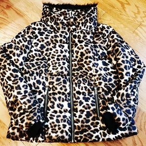 Animal Leopard Print Black Puffer Coat ~  Faux Fur Collar/Fold Out Hood- NY & CO